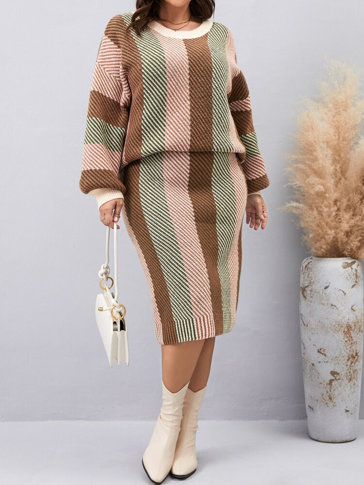 Plus Block Stripe Pattern Drop Shoulder Sweater & Knit Skirt | SHEIN