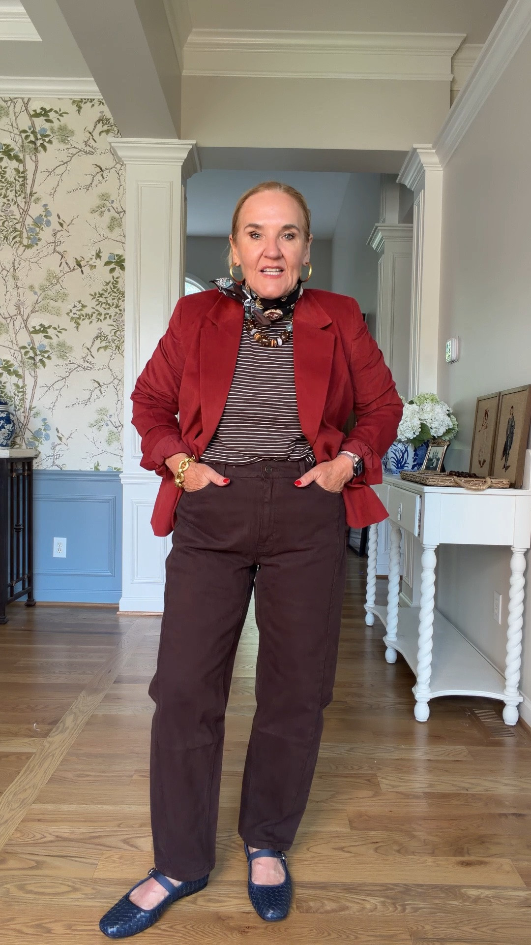 Walmart fashion 
Lightweight, fine corduroy blazer it’s lined. It does run a little slim. I could not wear a sweat sweater underneath it. Wearing a medium.
Striped Tea size medium
Barrel jeans size 8, this is the color Carob, you may need to select a different color of the olive green would look great too