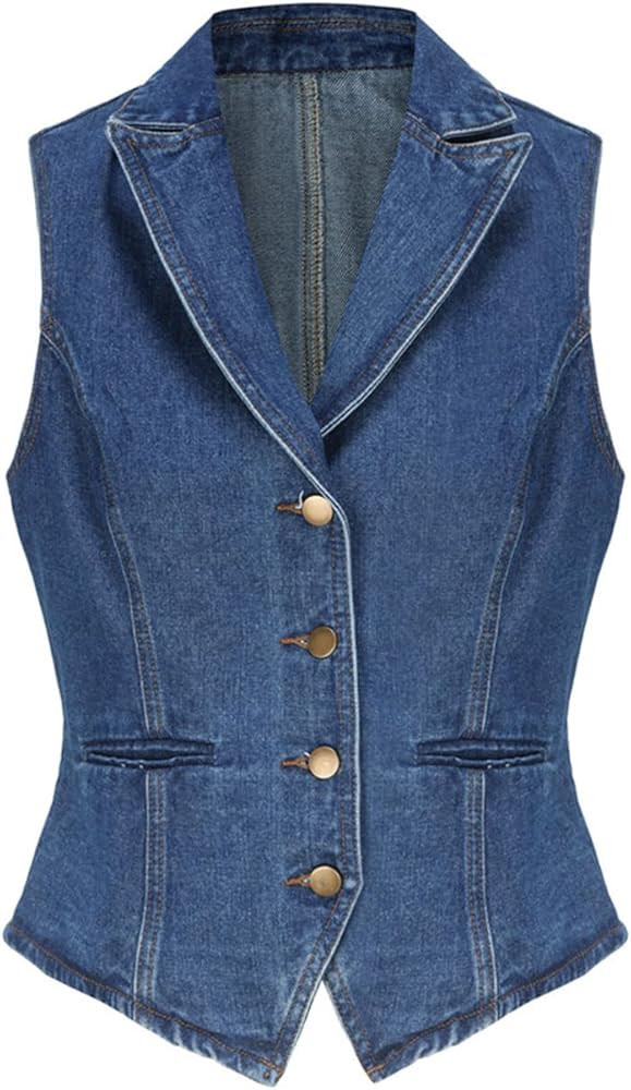 Ladyful Lapel Denim Vest for Women Sleeveless Business Work Jean Waistcoat Vest | Amazon (US)