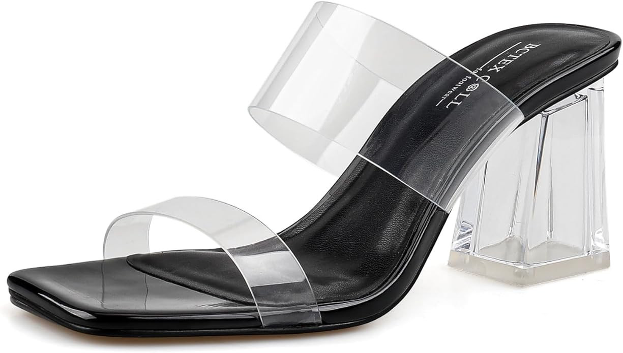 BCTEX COLL Women's Clear Heeled Sandals Two Strap Square Toe Slip On Chunky Block Heels Dress Sho... | Amazon (US)