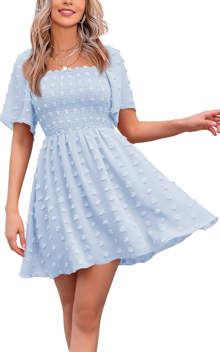 EXLURA Women's 2024 Summer Casual Ruffle Short Sleeve Swiss Dot Mini Dress Smocked Square Neck Fl... | Amazon (US)