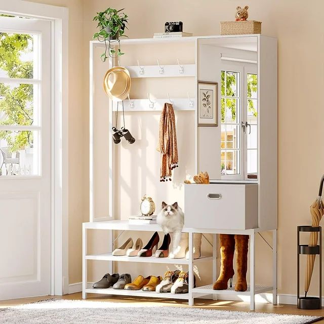 Hall Tree with Shoe Bench and Fabric Drawer,Coat Rack with Mirror Cabinet and Storage Shelves,Met... | Walmart (US)