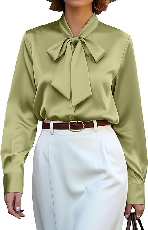 CBOO Women's Bow Tie Neck Button Down Shirts Silk Blouses Long Sleeve Elegant Satin Blouse Casual... | Amazon (US)
