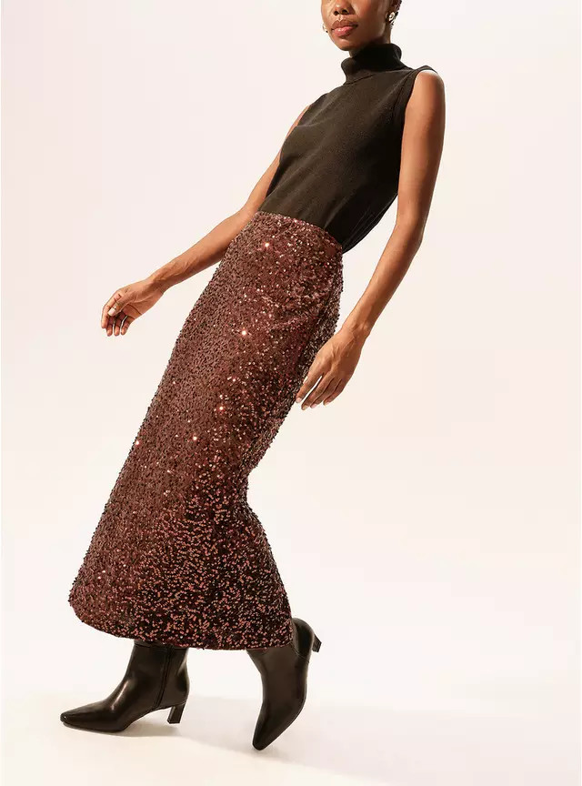 Buy Bronze Sequin Embellished Midi Skirt 14 | Skirts | Tu | Tu Clothing