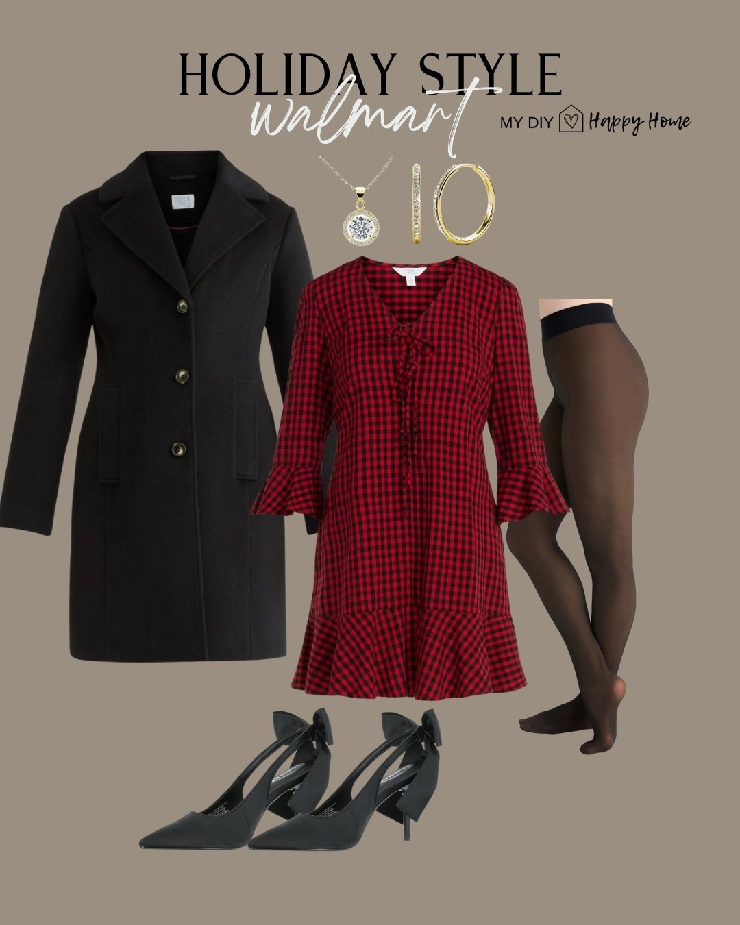 Holiday style 

Pea coat 
Red plaid dress with bow tie front detail 
Bow heels 
Fleece lined tights 
Earrings 
Necklace 

#LTKFindsUnder50 #LTKHoliday #LTKMidsize