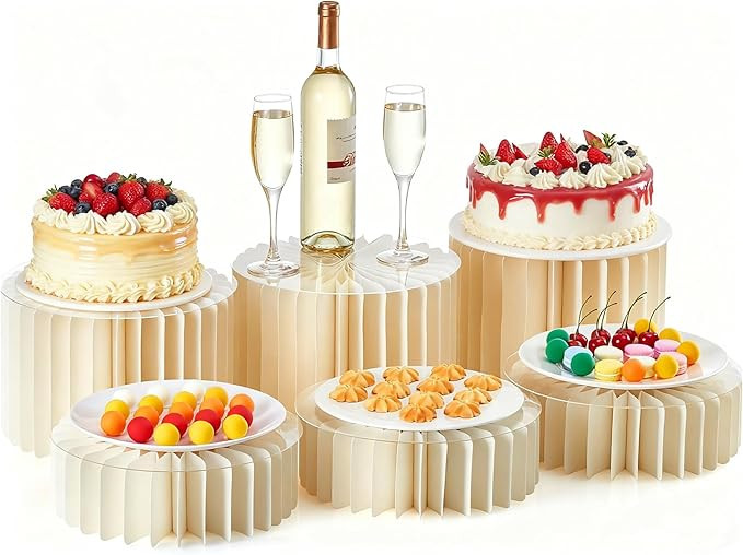 6-Pack Foldable Multi-Height Buffet Risers - 12" White Cardboard Cylinder Stands with Acrylic Pla... | Amazon (US)