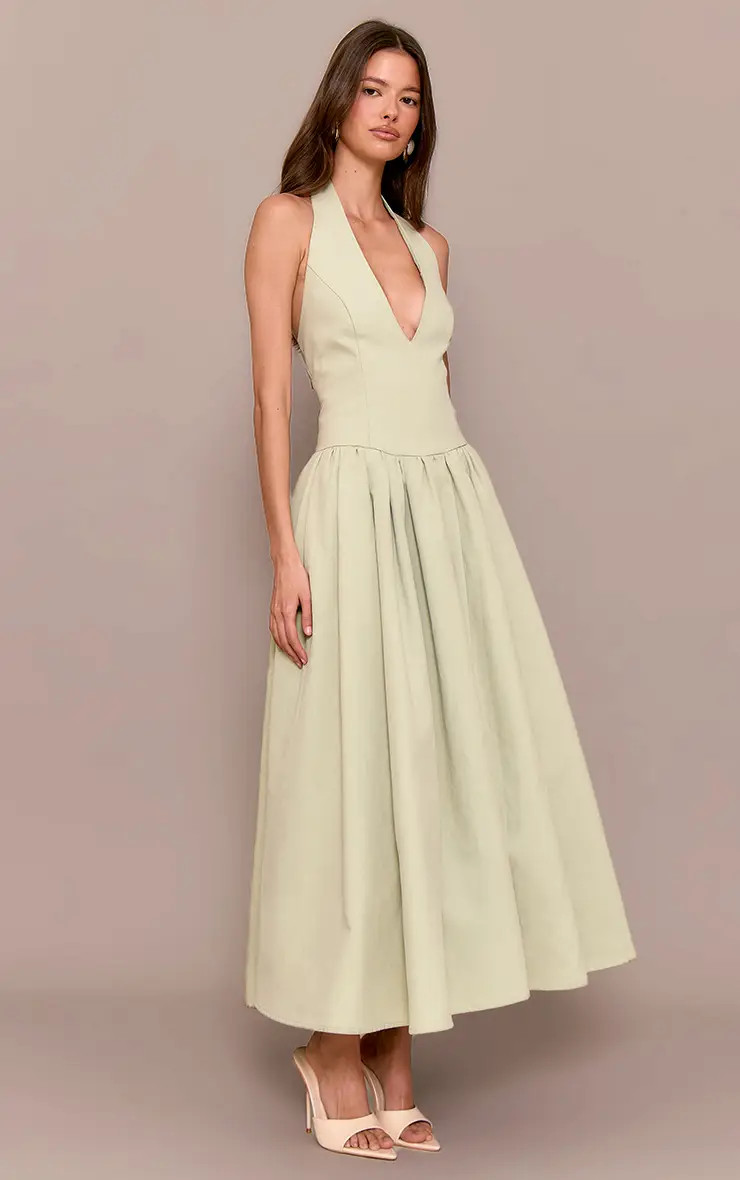 Sage Green Halterneck Tie Detail Ruched Midaxi Dress | PrettyLittleThing US