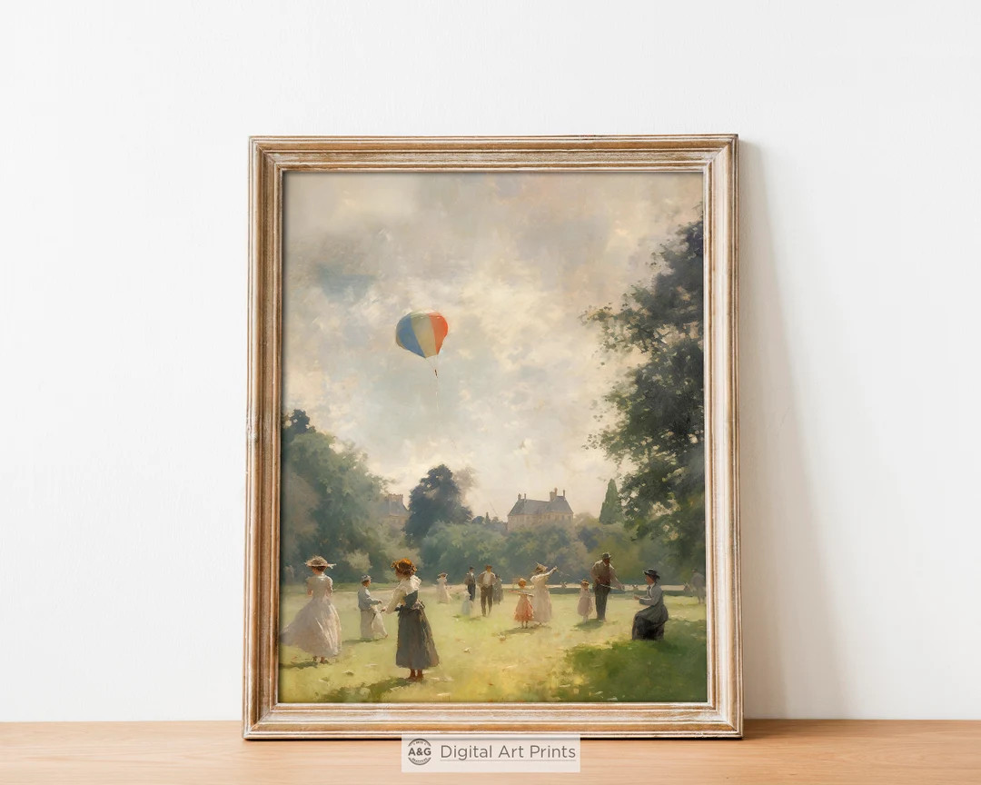 French Park Kite Flying, Vintage Gallery Wall Art, Printable Wall Art, Floral Painting, Victorian... | Etsy (US)