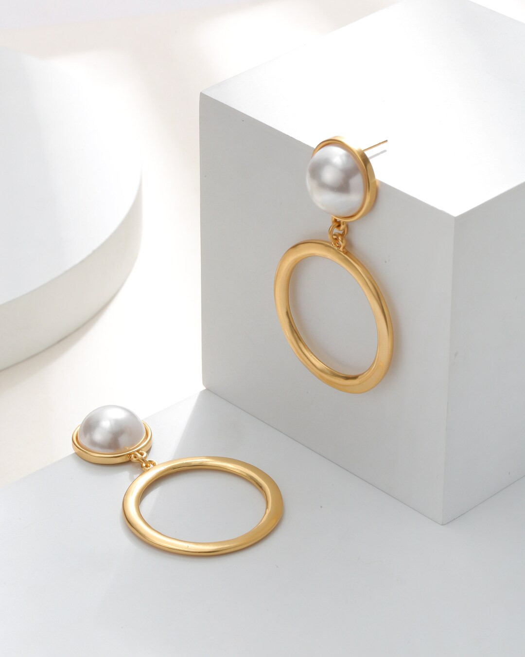 Large Pearl Stud With Larger Round Pendant Dangle Earring - Etsy | Etsy (US)