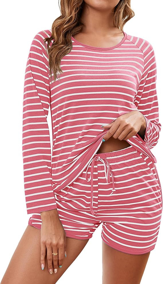 Cotton Pajama Sets for Women Soft 2 Piece Stripe Lounge Set Long Sleeve Shorts Pjs Loungewear Sle... | Amazon (US)