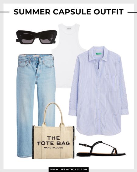 Summer capsule outfit with jeans 🩵 

Summer style / casual / smart casual / relaxed / blue button up / white tank top / light blue jeans / ankle jeans / canvas tote / minimal black sandals / sunglasses / Levi’s / Jcrew / Madewell / Loewe 

#LTKStyleTip #LTKSeasonal