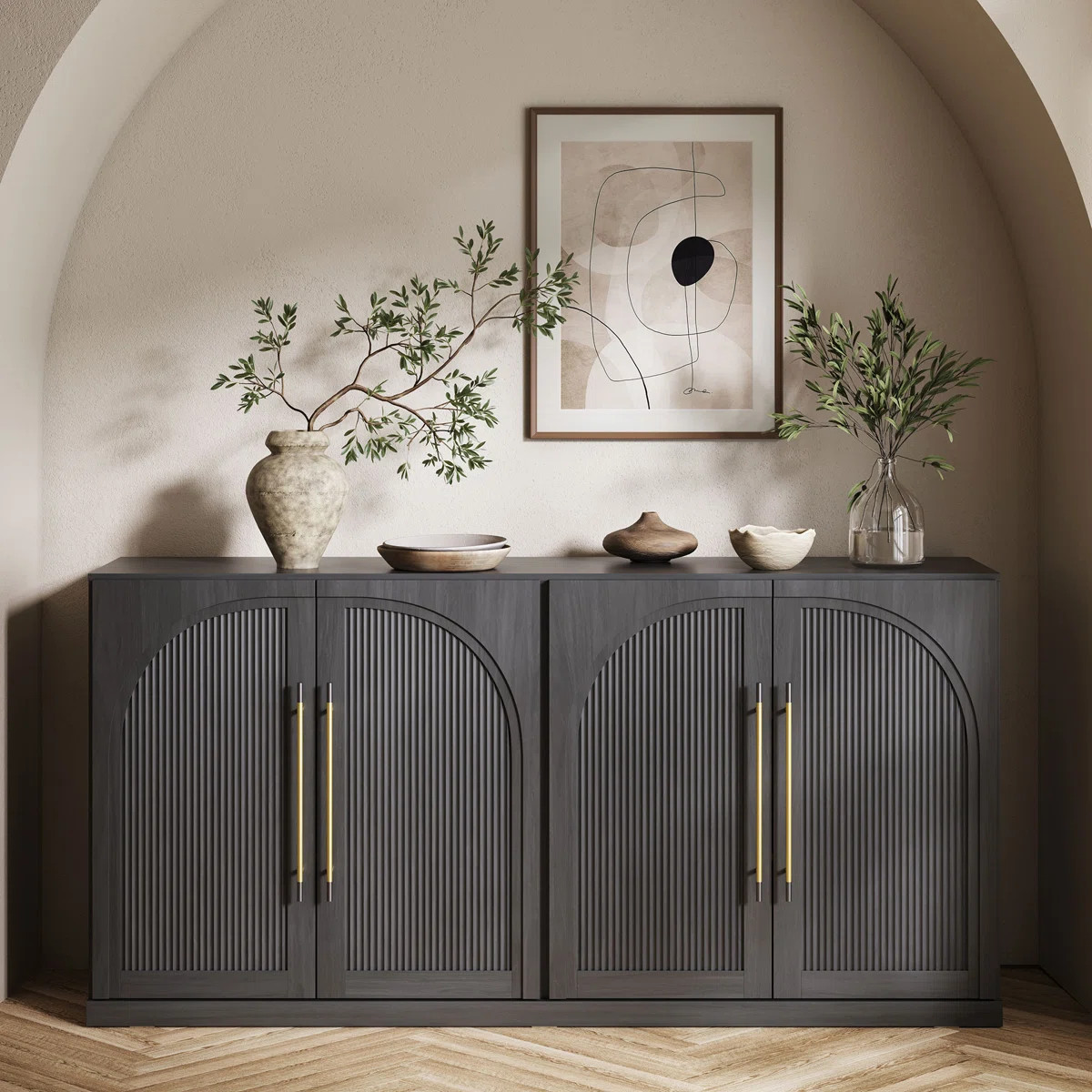 65" Sideboard with Double-Arc Wood Doors and Adjustable Shelves, Ebony | Wayfair North America