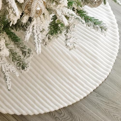 Faux Fur Christmas Tree Skirt: 36 Inch White Plush Faux Fur Christmas Tree Skirt with Stripe Textured Pattern, Boho Soft Christmas Tree Decorations for Merry Christmas Home Décor Xmas Party, Beige | Amazon (US)