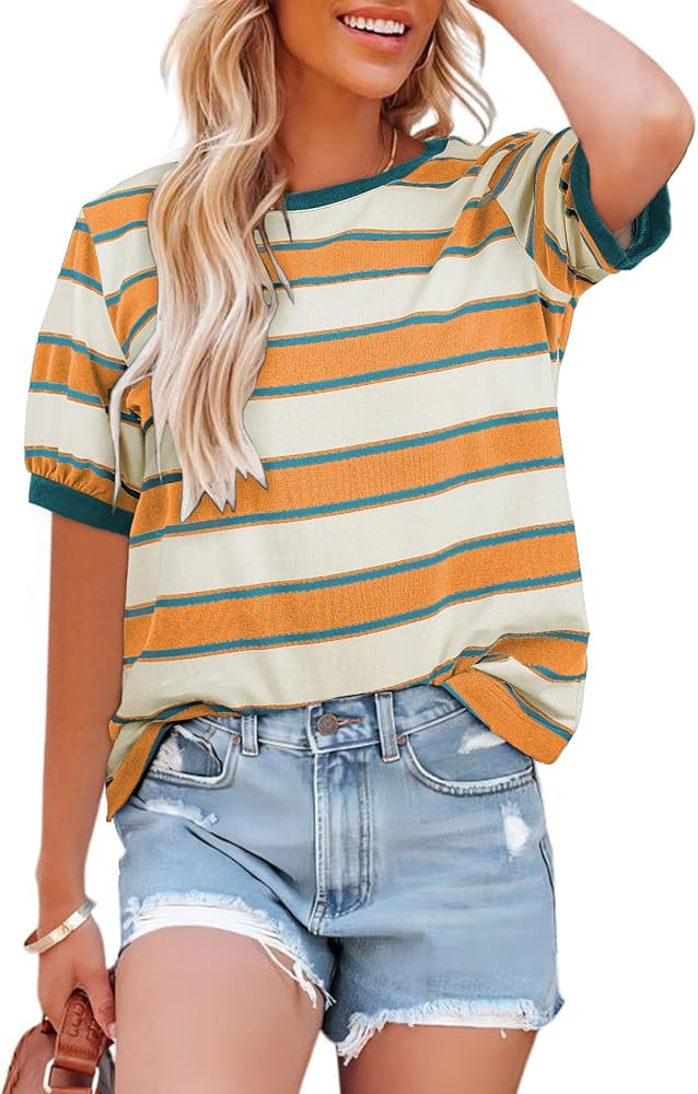 Dokotoo Womens Tops Dressy Casual Striped Color Block Short Sleeve Shirts for Women Cotton T-Shir... | Amazon (US)