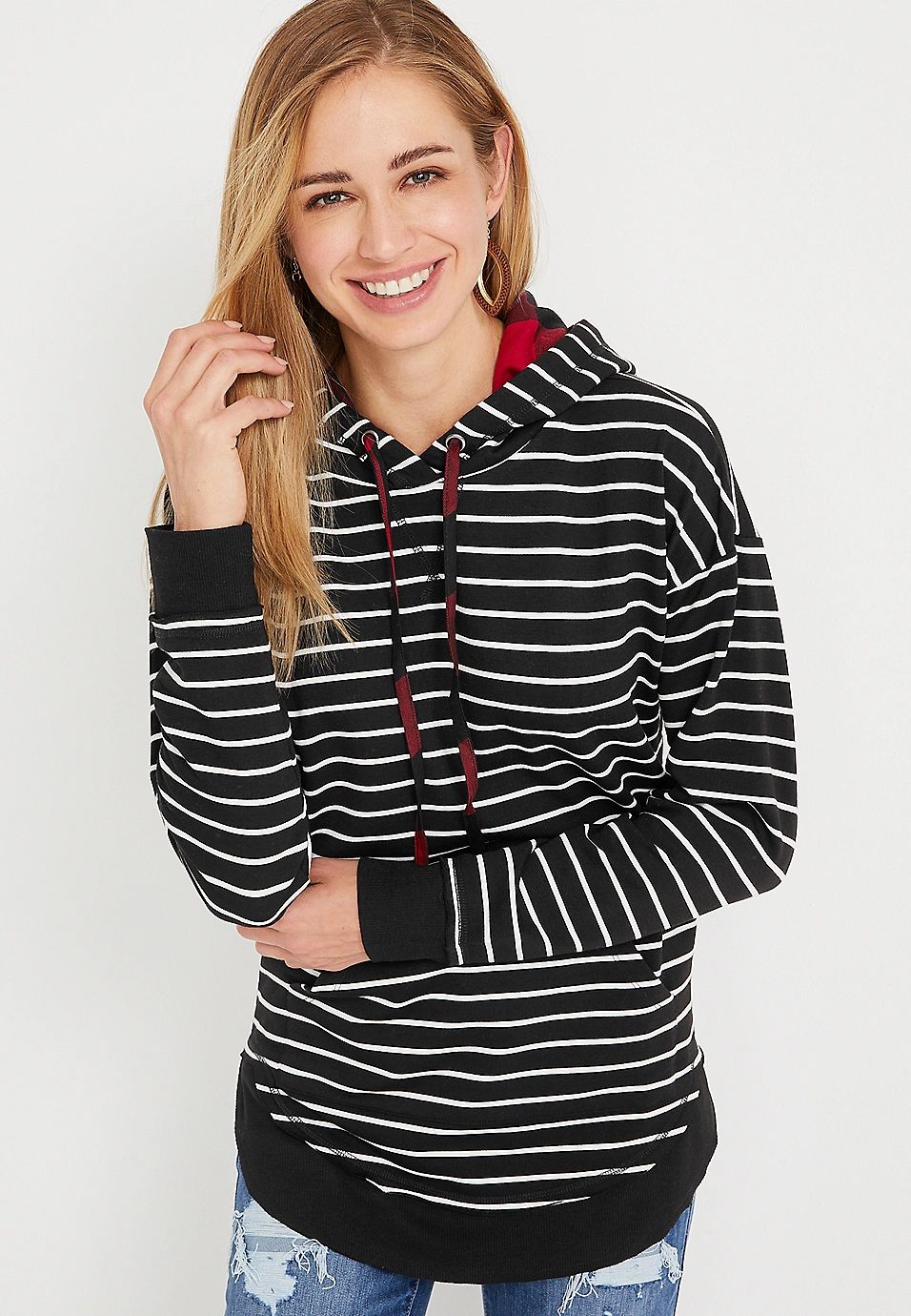 Homeward Black Striped Brushed Plaid Hoodie | Maurices