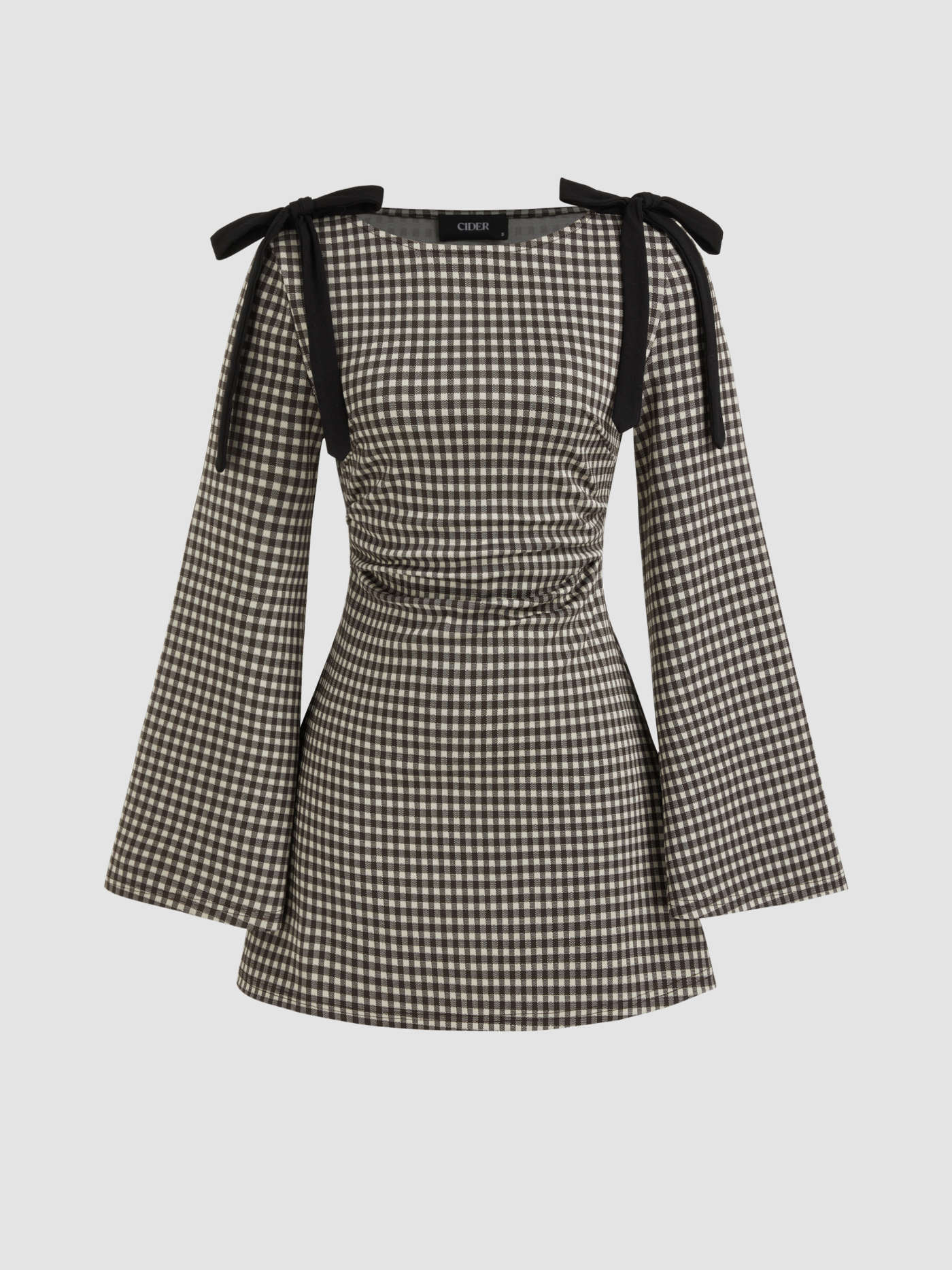 Cotton-blend Boat Neck Gingham Bowknot Ruched MIni Dress | Cider