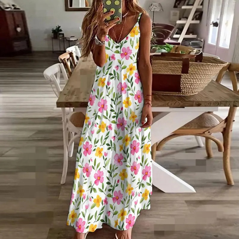 Pink Yellow Floral Maxi Dress, Spring Easter Long Flowers Spaghetti Straps Women Sleeveless Casua... | Etsy (US)