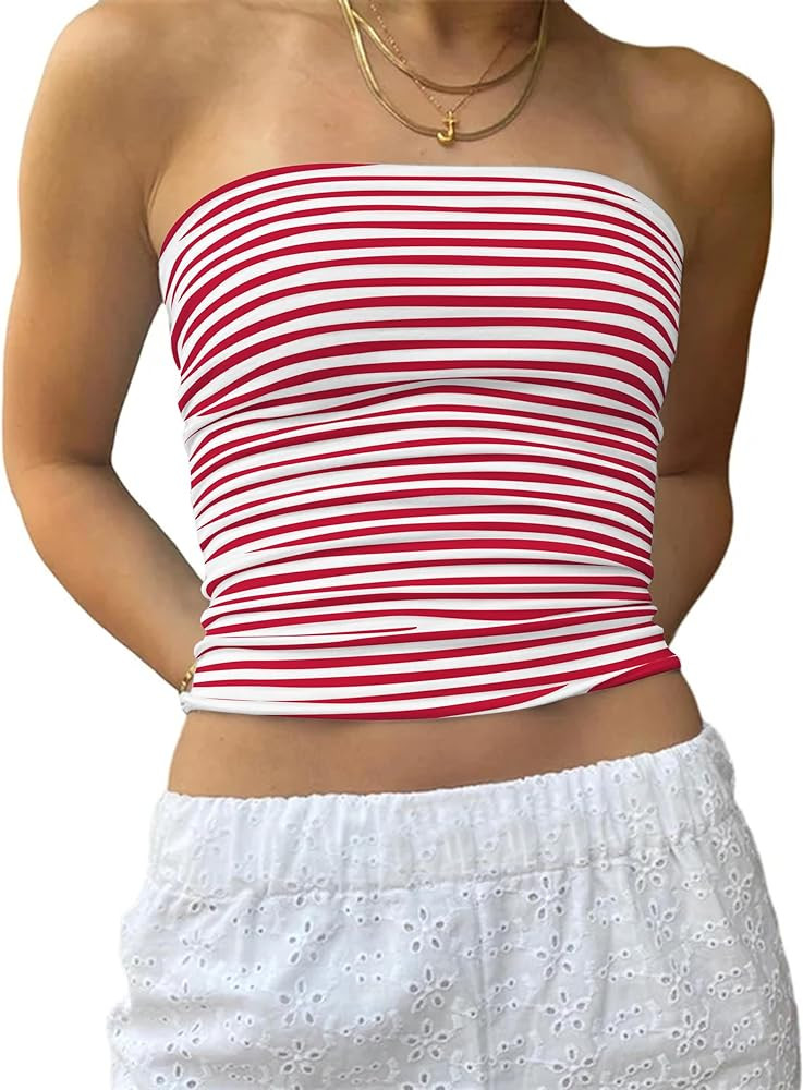 Women Y2k Striped Bandeau Tube Top Aesthetic Strapless Backless Crop Tank Tops Teen Girls Preppy ... | Amazon (US)