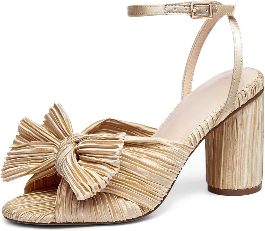 VETASTE Women's Bow Knot Heeled Sandals Bridal Wedding Open Toe Ankle Strap Chunky Heels | Amazon (US)