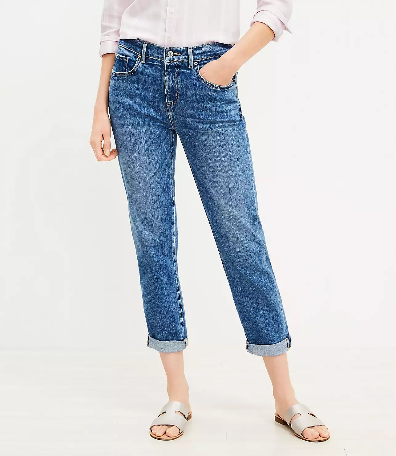 Super Soft Girlfriend Jeans in Pure Mid Indigo Wash | LOFT | LOFT