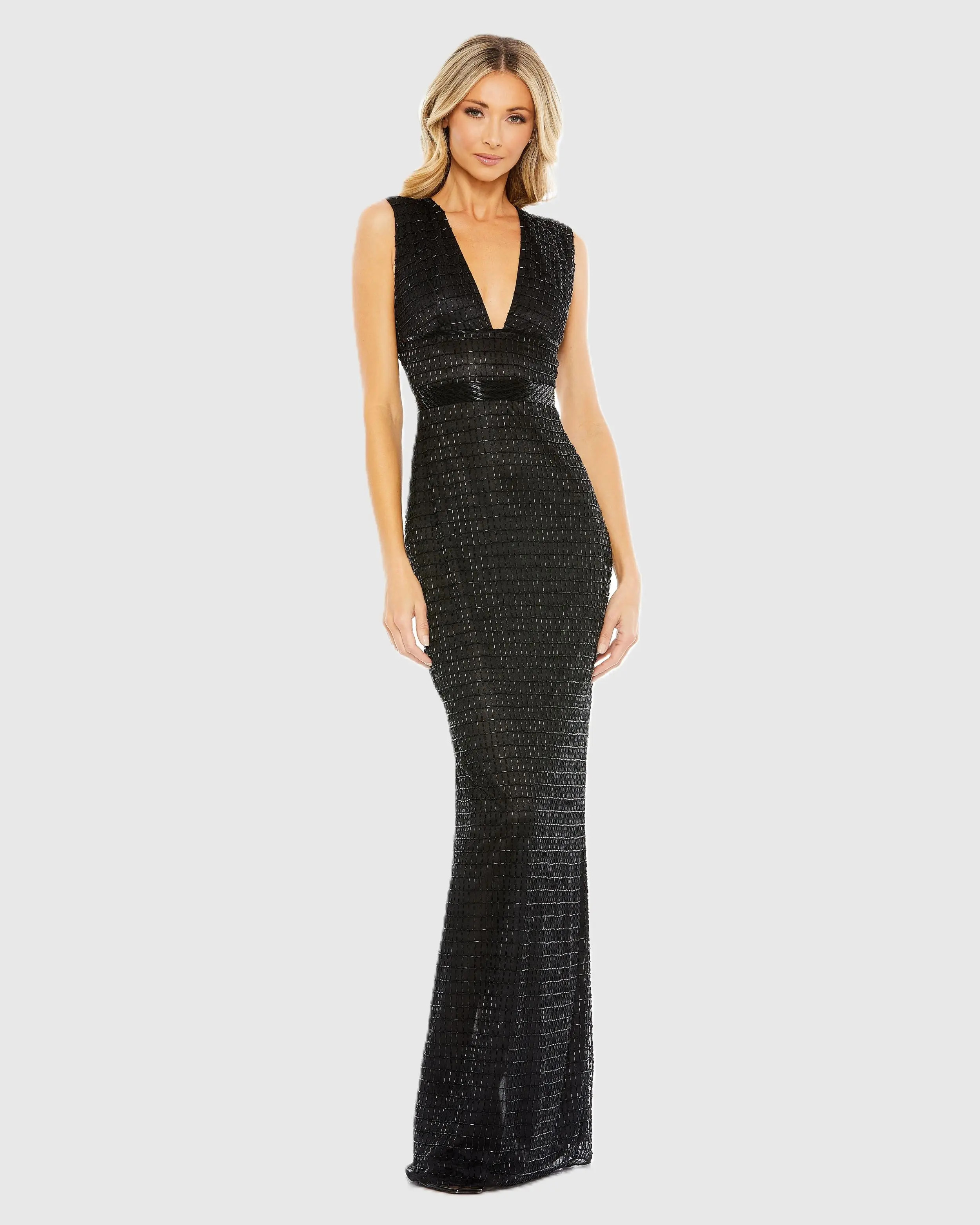 Mac Duggal - Black Beaded Cap Sleeve V Neck Column Gown - US 4 | Mac Duggal
