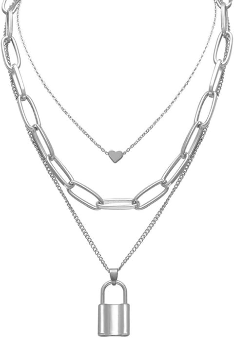 Salircon Silver Layered Necklace Aesthetic Punk Jewelry Lock and Key Thick Chain Necklaces for Wo... | Amazon (US)