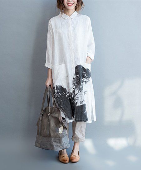 White & Black Abstract Linen-Blend Shirt Dress - Women | Zulily