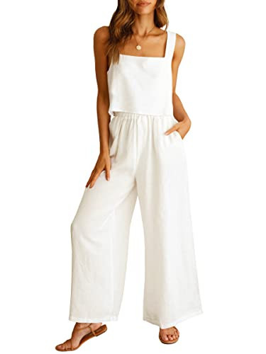 ANRABESS Women's 2 Piece Outfits Linen Pants Jumpsuit Matching Lounge Set Casual Summer Beach Vacation Trendy Clothes White Small | Amazon (US)