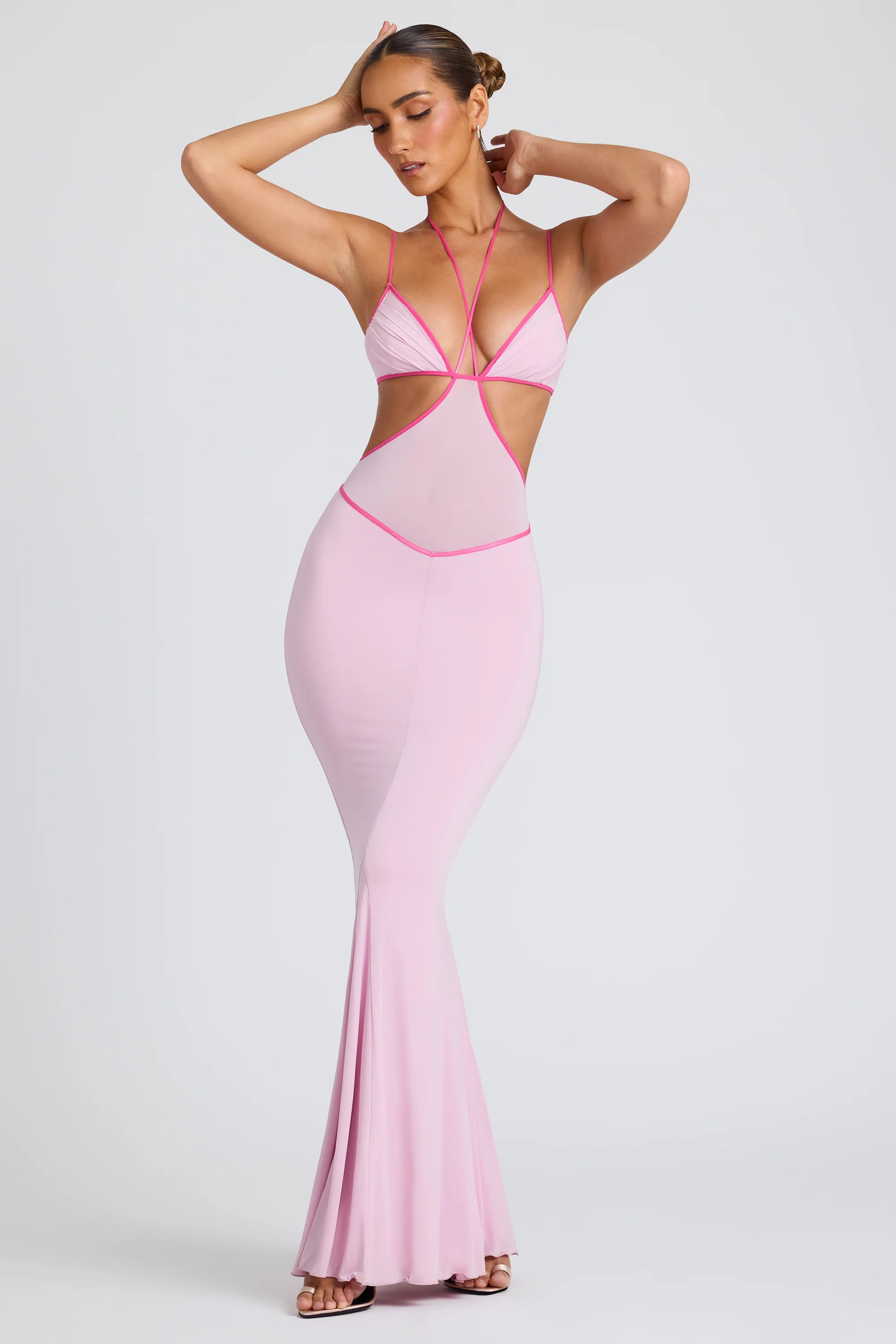 Contrast Binding Cut Out Evening Gown in Soft Pink | Oh Polly