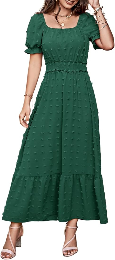 PRETTYGARDEN Womens Dresses 2023 Boho Dress Short Sleeve V Neck Swiss Dot Ruffle Tiered Maxi Dres... | Amazon (US)