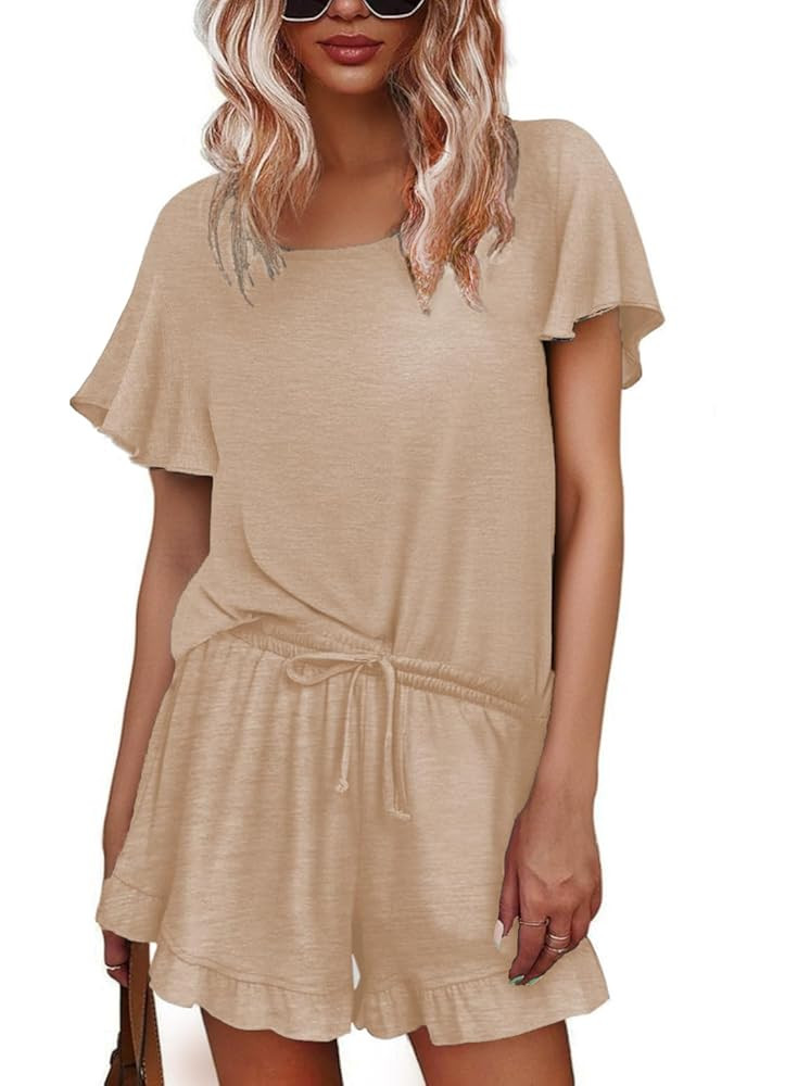 Ekouaer Womens Pajama Sets Shorts Ruffle Pajamas Set Soft Summer Pj Set 2 Piece Loungewear Short ... | Amazon (US)