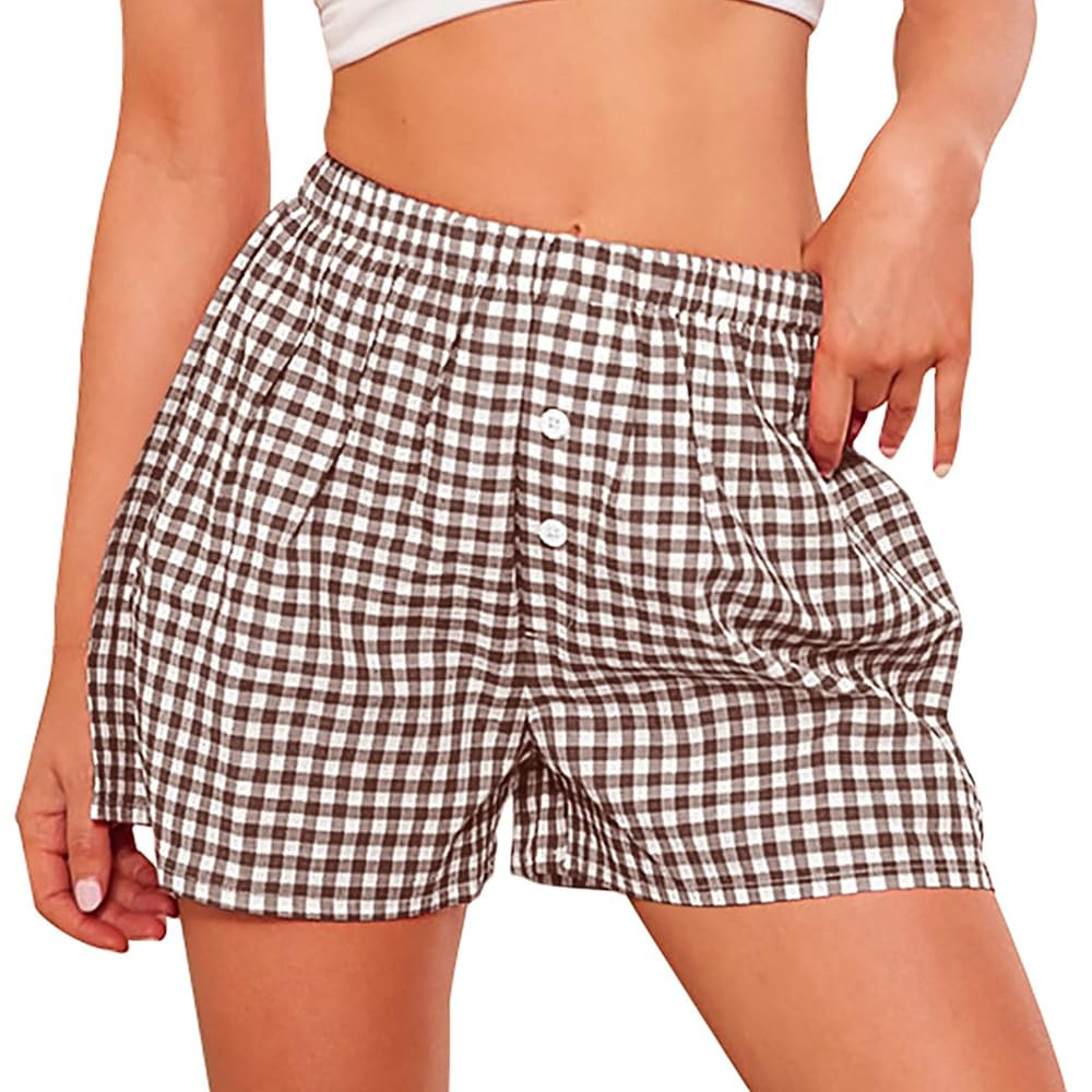 PRETTYGARDEN Womens Shorts Boxers 2025 Summer Gingham Pajama Lounge Sleep Y2K Plaid Pj Shorts Bea... | Amazon (US)