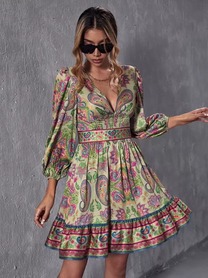 SHEIN X Marina Oliveira Paisley Print Lantern Sleeve Ruffle Hem Dress | SHEIN