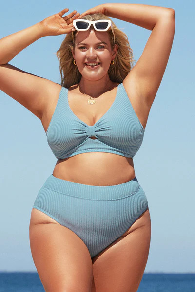 Downy Blue Rib Knotted Plus Size Bikini Top | Cupshe US