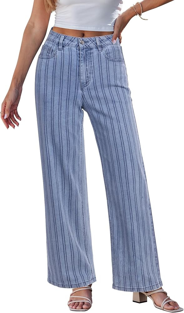 GRAPENT Striped Jeans for Women Trendy High Waisted Wide Leg Dressy Casual Slight Stretch Denim P... | Amazon (US)