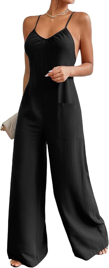 WDIRARA Women's V Neck Sleeveless Crisscross Backless Wide Leg Cami Jumpsuit Pants with Pocket | Amazon (US)