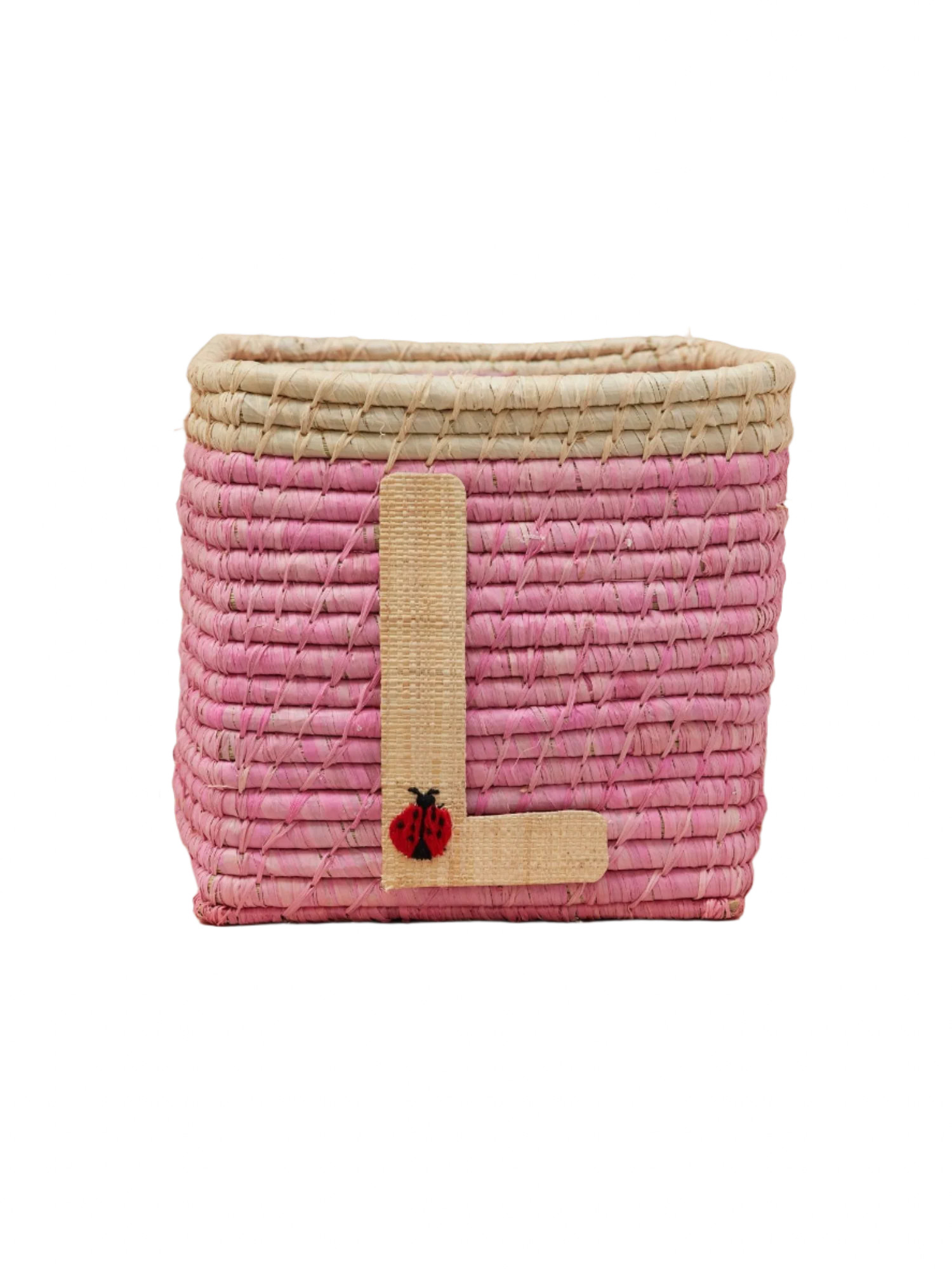 Raffia Basket in Soft Pink in Nature Border with One Raffia Letter - L | Rice By Rice