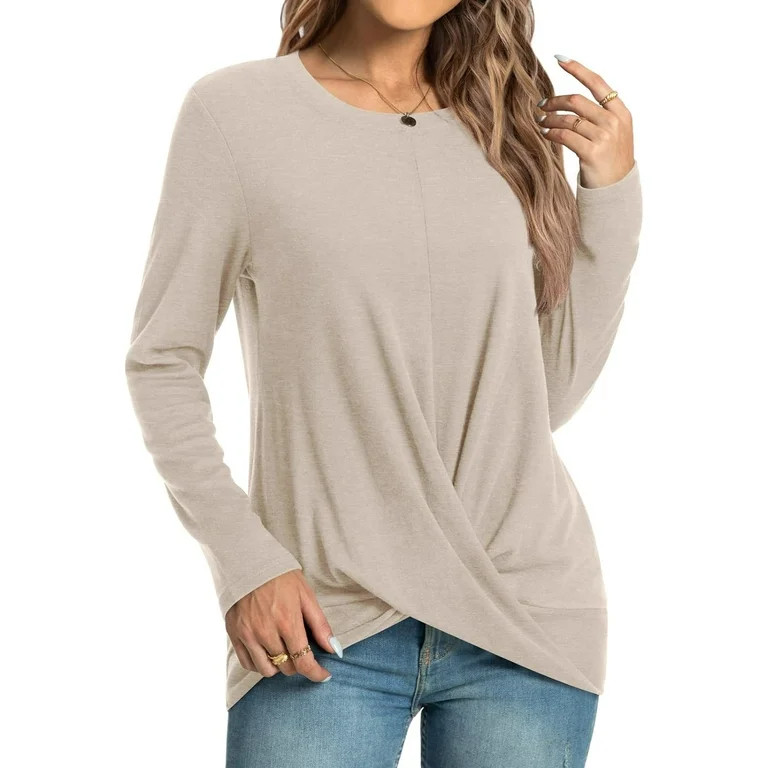 Women's Long Sleeve Tunic Tops Casual Round Neck T-Shirts Front Twist Top | Walmart (US)