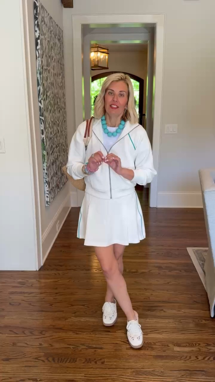 On sale!!! Spanx Air Essentials for the win! Y’all this set is everything!! The color piping is the perfect detail. 
Tee - xs 
Jacket - xs
Skirt - small
Sneakers - 8 tts
*Use my code CMLP15 at Lilla P
*Use my code Catherine20 at A+B

#LTKfitnessgoals #LTKgrwm #LTKmomlife