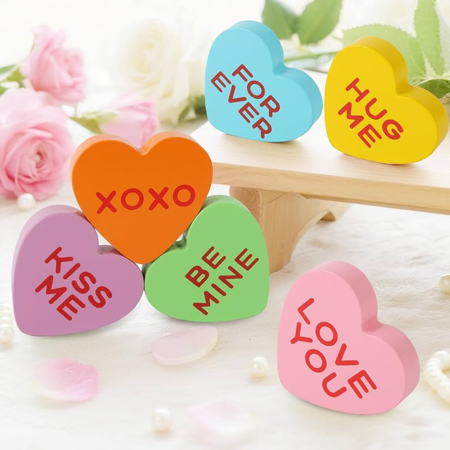 Valentines Day Decorations Wooden Sign, 6 Piece Small Heart Shaped Decor, Love Candy Table Center... | Amazon (US)