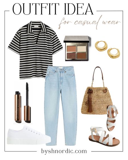 Simple everyday outfit: black and white stripe top, denim trousers, neutral sandals, and woven hand bag!

#casualstyle #ukfashion #outfitinspo #beautyfaves

#LTKstyletip #LTKitbag #LTKFind