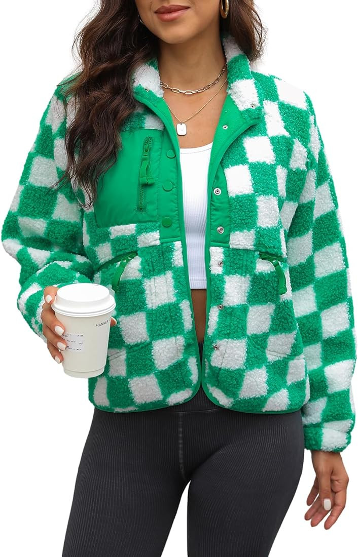Yanekop Womens Fleece Jacket Fuzzy Long Sleeve Short Coats Button Down Sherpa Outerwear With Pock... | Amazon (US)