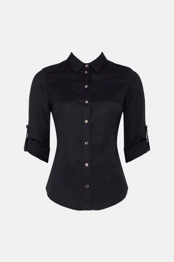 Viscose Linen Woven Button Detail Shirt | Karen Millen UK + IE + DE + NL