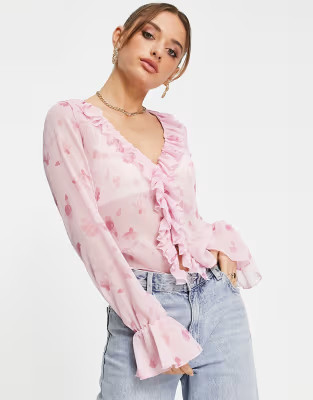 ASOS DESIGN frill neck volume sleeve top with button front in pink floral | ASOS (Global)
