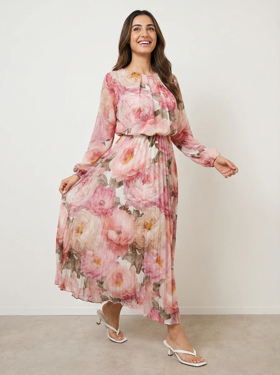 Pink | Pleated Floral Dress │ Blue Vanilla | Blue Vanilla