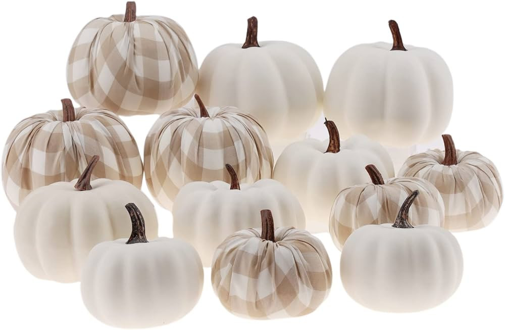 Woration Assorted Mixed Fake Gingham Fabric Pumpkins & White Pumpkins 13 PCS Artificial Full Autu... | Amazon (US)