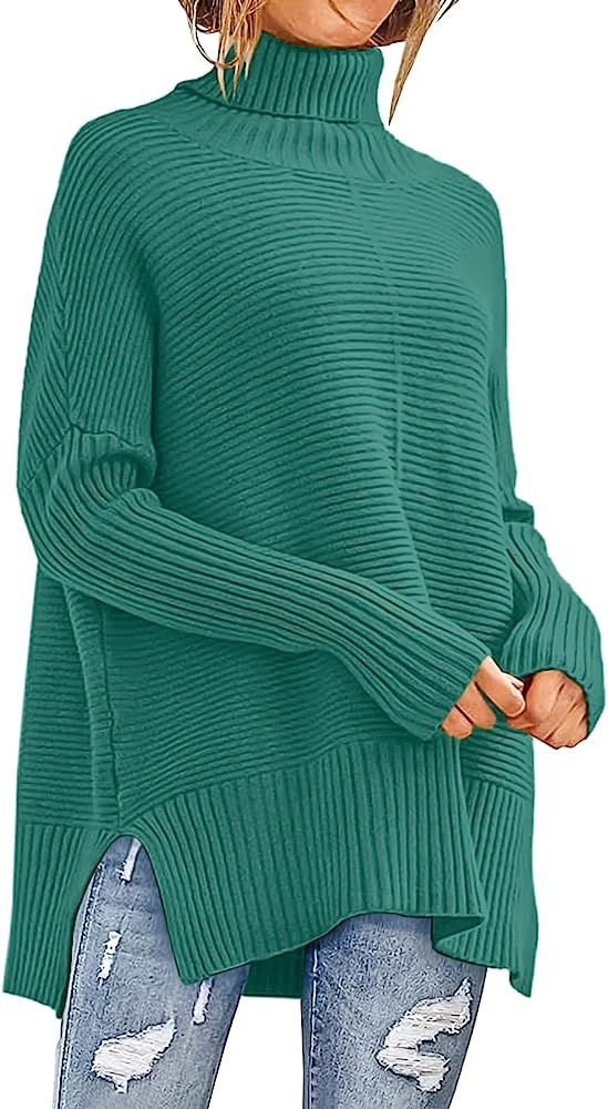 ANRABESS Womens Turtleneck Oversized Sweaters 2022 Fall Long Batwing Sleeve Spilt Hem Pullover Kn... | Amazon (US)