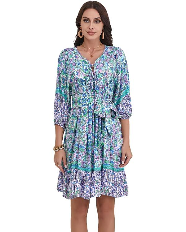 Women's Bohemian Dress V Neck Front Tie 3/4 Long Sleeve Floral A Line Beach Boho Tunic Dress | Amazon (US)