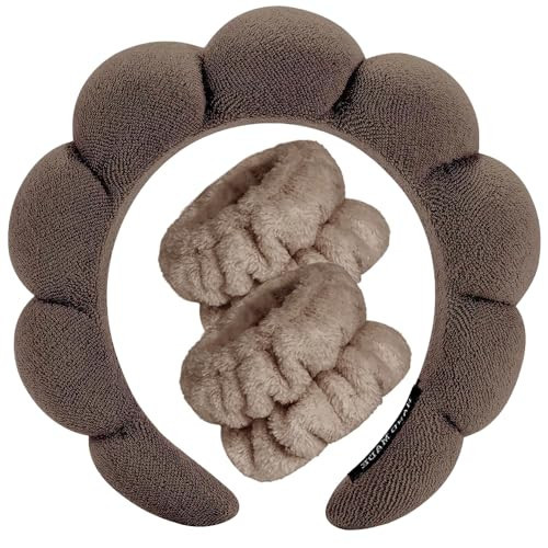 Spa Headbands for Washing Face Wristband Set Sponge Makeup Skincare Headband Wrist Towels Bubble Soft Terry Towel Cloth Hairband for Women Puffy Headwear Non Slip Thick Thin Hair Headwear (Brown) | Amazon (US)