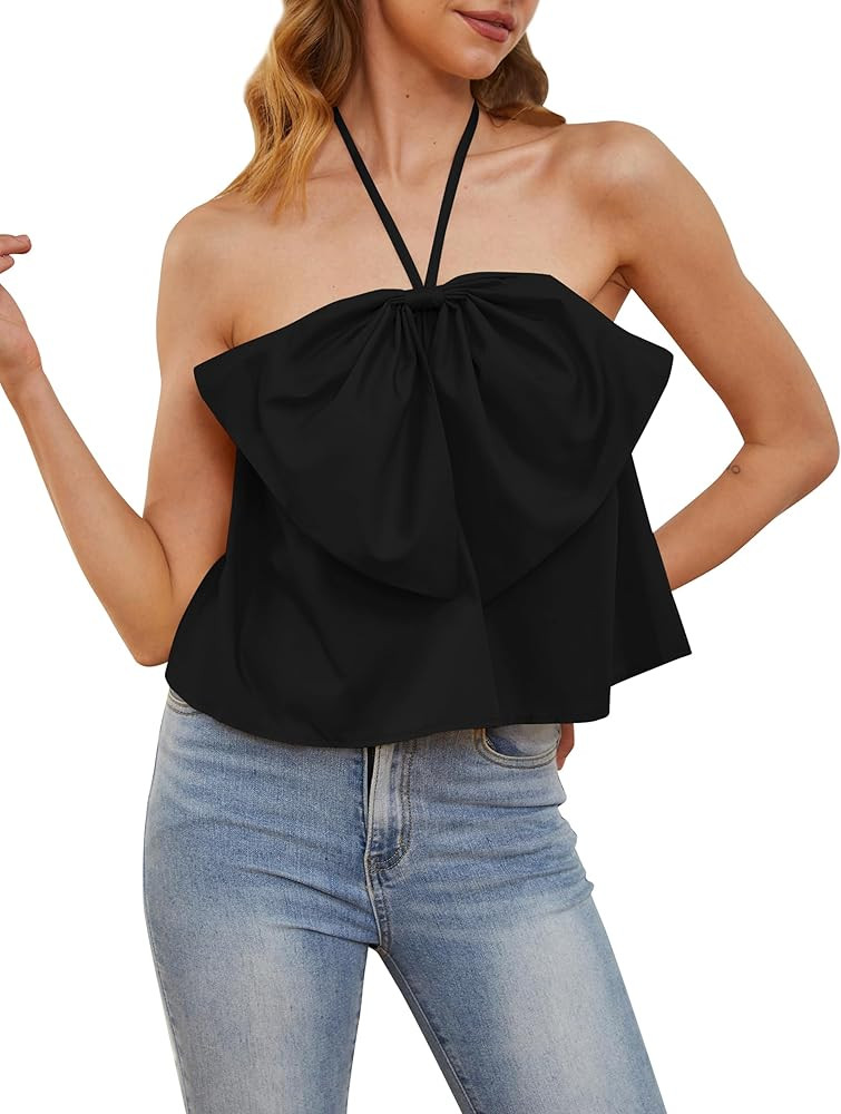 Women Halter Self Tie Sleeveless Backless Strapless Bow Knot Ruched Solid Loose Swing Sexy Tube T... | Amazon (US)